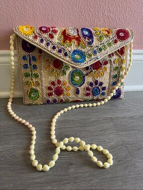 Beaded Multicolor Embroidered Envelope Clutch